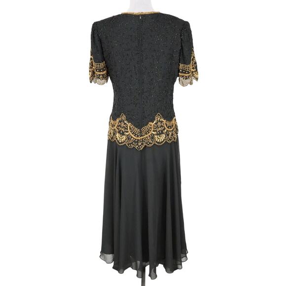 Brillante by JA Dress Womens Large Black Sequin Gold Trim Chiffon Formal Vintage - Picture 2 of 16